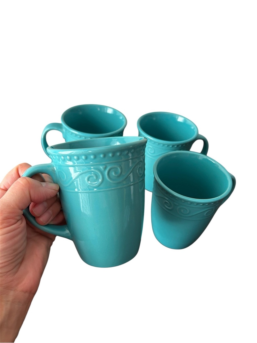 Royal Norfolk Glazed Stoneware Teal Embossed Scroll &‎ dot Pattern 4 Coffee Mugs
